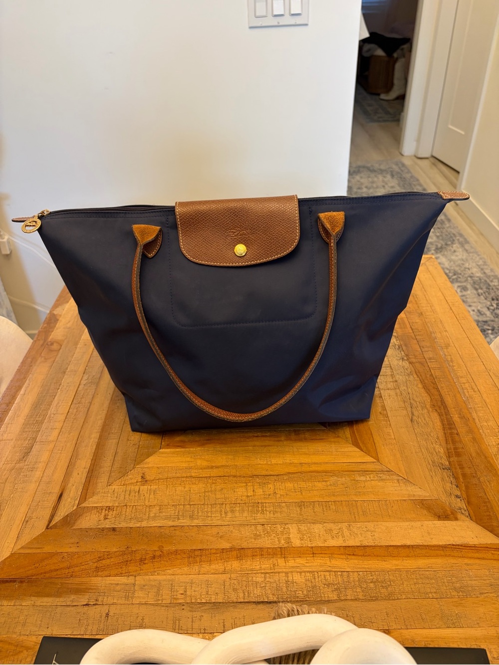 Longchamp Navy Tote with Brown Leather Trim